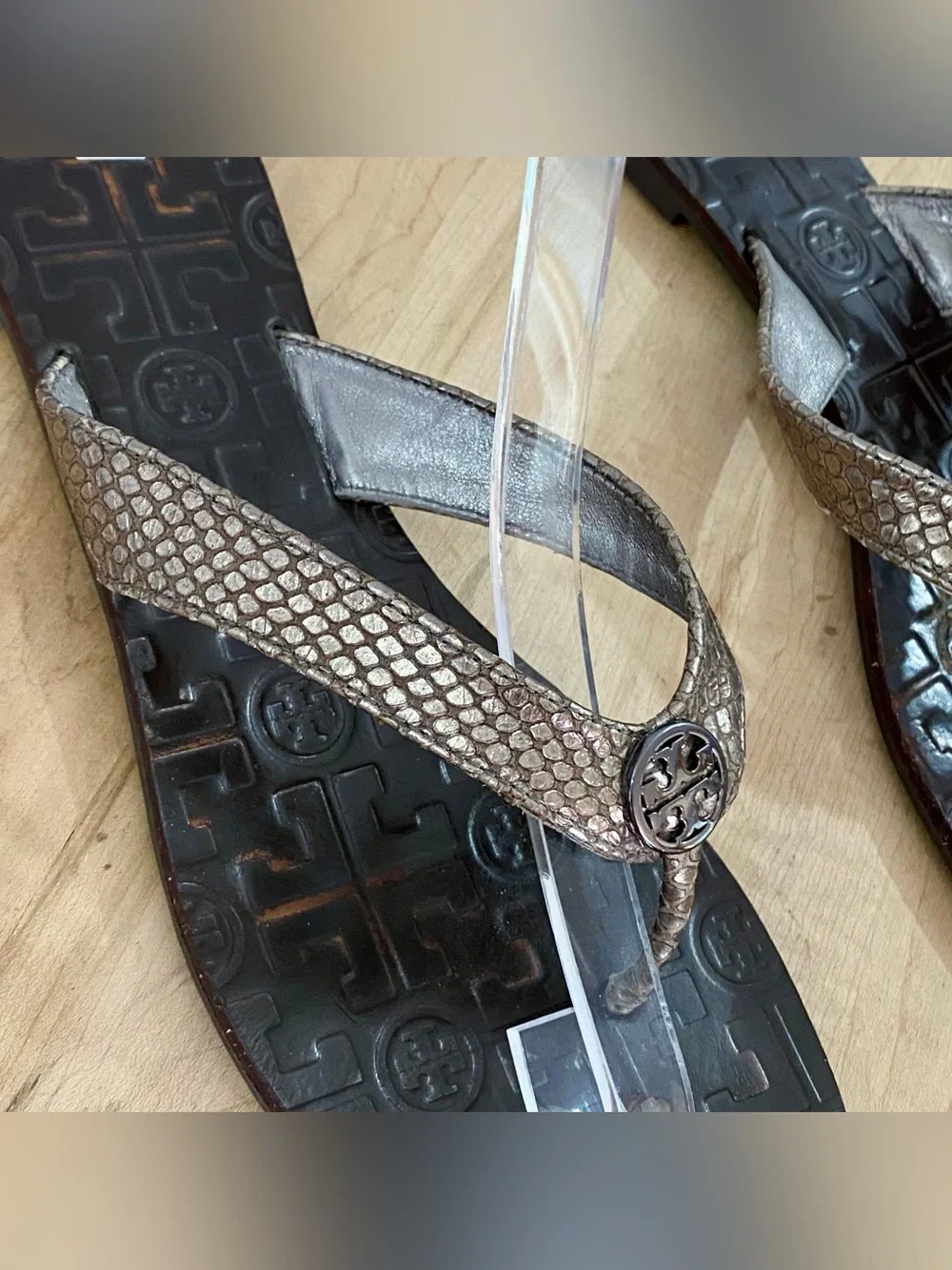 Tory Burch Thora Thong Flip Flop Sandals Snakeskin Brown Leather Metallic Sz 9 M